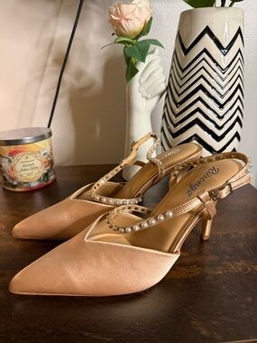 Pearl-Embellished Satin Slingback Heels in Blush Pink